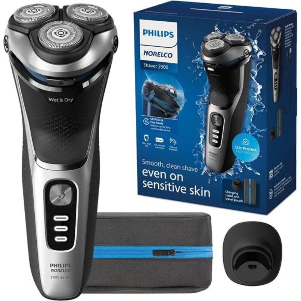 Shaver 3900 Series, Wet and Dry Electric Shaver, P-Cap, Travel Pouch, Charging